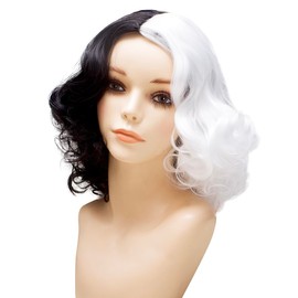 VINOBOW Black and White Wig for Women Cruella Deville Costume Cosplay Synthetic Short Curly Wig Daily Party