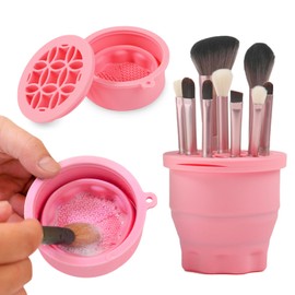Ranphykx Makeup Brushes Cleaner Mat with Brush Storage Holder, Folding Portable Washing Tool for Makeup Brush Cleaning, 2 In 1 Silicone Brush Cleaner Pad & Cosmetic Brush Organizer Rack (Pink)