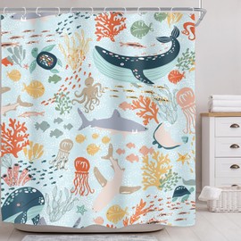 Riyidecor Shark Kids Fish Shower Curtain for Bathroom Decor 72Wx72H Teal Blue Sea Animal Ocean Whale Funny Cartoon Underwater Turtle Boys Art Printed Fabric Polyester Waterproof 12 Pack Plastic Hooks