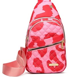 Maxoner Trendy Small sling chest bag for women with multi zipper pockets, Stylish Chic Quilted Design adjustable crossbody daypack backpack shoulder fanny pack for Travel, Sports, Running, Hiking, and Daily Use - Color: Pink leopard print