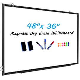 H-Qprobd 48"x36" Magnetic White Board Dry Erase Wall Mount Whiteboard - Office Home Classrooms White Board Hanging Writing Board with Black Aluminum Frame