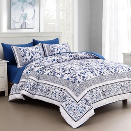 Dobuyly Floral California King Comforter Set, 7 Piece Bed in a Bag Blue Flowers on White Botanical Bedding Set, Soft Microfiber Cal King Size Bedding Comforter Sets for All Season
