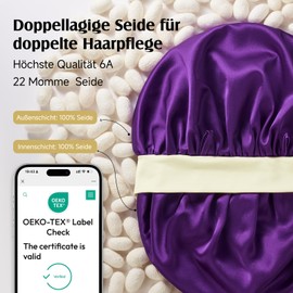 Umisleep 22 Momme 100% Mulberry Silk Sleep Cap, Double Silky Soft Night Cap for Curly Hair, Breathable, Adjustable Wide Band for Head, Purple+Light Yellow