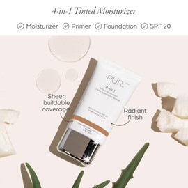 PÜR MINERALS 4-in-1 Tinted Moisturizer with SPF 20 - Hydrating Skin Tint Face Moisturizer, Primer & Foundation with Shea Butter, Aloe Vera & Vitamin B3 - Vegan Friendly, Paraben Free (Medium)