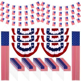 Mindsoft 61 Pcs Independence Day Decorations Outdoor Bunting Flags Set Patriotic Pleated Fan Flag 1.5 x 3 FT Hanging American Flag Banners 4th of July Small American Flags USA String Pennant Flag