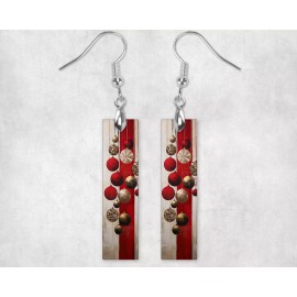 Twisted R Design Red and Gold Ornaments Christmas Dangle Wood Bar Printed Earrings Jewelry
