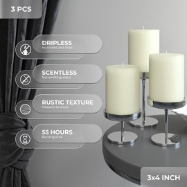 CANDWAX 3x4 Pillar Candles Set of 3 - Decorative Rustic Candles Unscented and No Drip Candles - Ideal as Wedding Candles or Large Candles for Home Interior - Ivory Candles