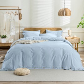 JELLYMONI Light Blue Duvet Cover King Size - 100% Washed Cotton Linen Like Textured Comforter Cover, 3 Pieces Breathable Soft Bedding Set with Button Closure (Light Blue, King 104"x90")