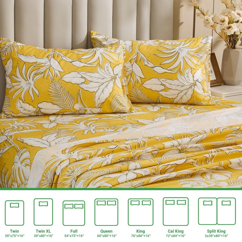 Gogreen 100% Cotton Sheet Set Full Size, Yellow Floral, 4PC