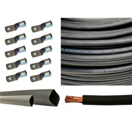 1/0 Gauge 1/0 AWG 20 Feet Black Welding Battery Pure Copper Flexible Cable + 10pcs of 3/8" Tinned Copper Cable Lug Terminal Connectors + 3 Feet Black Heat Shrink Tubing
