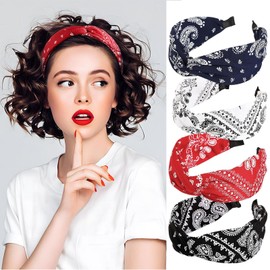4 Stück Breit Stirnbänd Paisley, Haarbänder Damen mit Knoten, Kopfband Vintage Rockabilly Haarreifen, Wide Knot Turban Elastisch Haarbänder Rutschfest Haarschmuck, Haar-Accessoires für Damen Mädchen