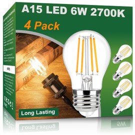 Vinaco A15 LED Bulb 60w, 4 Pack Dimmable No Flicker A15 Edison Light Bulb 600LM 6W, Equal 60W, 2700K Warm White CRI85+ E26 Base, Clear Glass Edison Vintage Lights for Ceiling Fan, Appliance Bulb