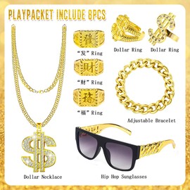 Pack of 8 Costume, 80/90s Outfit, Men's Hip Hop Costume Accessories, Hip Hop Dollar Necklace, Gangster Gang Sunglasses, Bracelets Ring, for 80s Outfit, Men's Carnival Party, Theme Party