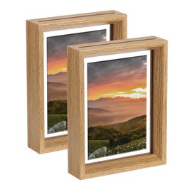 sourcing map 2Pcs Floating Frame, 7 x 5 Inch Natural Wood Pictures Frames for Pressed Flowers Standing Wall Hanging Picture Collection, Wood Tone