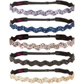 Hipsy Plus Size, Adjustable No Slip Sparkly Bling Glitter Wave 5pk Headbands for Women Girls & Teens (Wave Gold/Black/Confetti/Navy/Gunmetal)