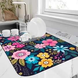 FTJHKUY Dish Drying Mat Bright Colorful Flowers Leaves Coffee Mat,12"X19" Bsorbent Dish Drying Pad for Sink Dishes or Under Rack Kitchen Counter Accessories Absorbent Hide Backed Drying Mat