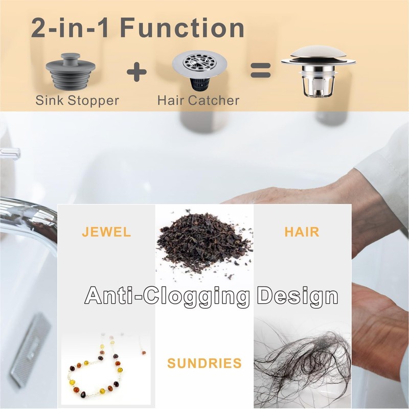Brushed Universal Bathroom Sink Stopper, 2-in-1 Pop Up Sink Drain