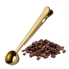 Coffee Bean Measuring Spoon with Bag Clip | Stainless Steel Coffee Scoop with Built-in Bag Sealer (Gold)