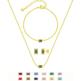 Birthstone Bracelet Necklace Earring Set for Women 18K Gold Plated Stainless Steel Birth Link Bracelet Pendant Studs Birthday Jewelry Gift for Mother and Daughter (August Peridot)