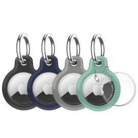 YOKRWO Holder 4-Pack Waterproof TPU Shell Protective Case, Full Coverage Anti-Scratch for Airtags Key Chain for Apple for Air Tags with All Metal Keychain Ring Clip (Black/Blue/Grey/Green)