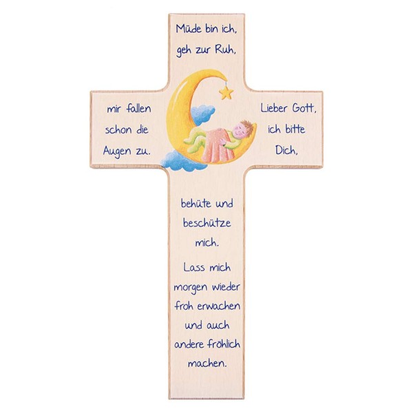FRITZ COX Children's Wooden Cross "Child in the Moon" | for Children's Room and Godfather Gifts | Great Gift for Christening and Birthday | Tired Am I, Go to Rest | 20 cm Natural