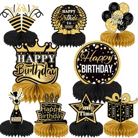 9 PCS Happy Birthday Party Table Decorations, Black and Gold Birthday Centerpieces for Tables, Birthday Honeycomb Table Centerpieces Birthday Table Topper for Women Men Birthday Party Supplies