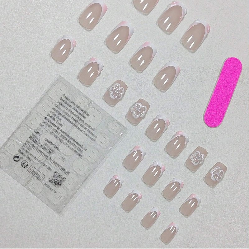 GlamRays 24 Pieces French Tip Stick-on Nails Square Short Fake