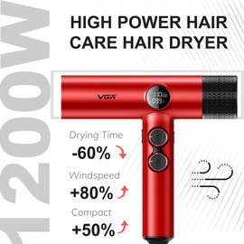 VGR 401 Negative Ionic Hair Dryer, Professional BLDC Motor Blow Dryer for Fast Drying, LED Display Low Noise Thermo and RPM-Control Hairdryer, Travel with Magnetic 1 Diffuser & 2 Nozzle, Red