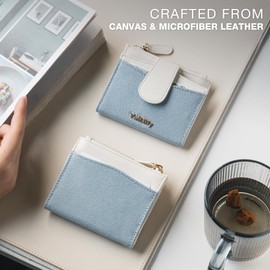 Vulkitty Womens Credit Card Holder Slim Minimalist Canvas & Leather Card Wallet, RFID Blocking Ladies Purses with Keychain Zipped Coin Pocket Bifold Front Pocket Wallet