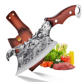 ROCOCO Hand Forged Meat Cleaver Sharp Butcher Knife for Meat Cutting Vegetable Cleaver with Sheath for Home Kitchen Outdoor Camping BBQ Father Mother Gift Idea Men