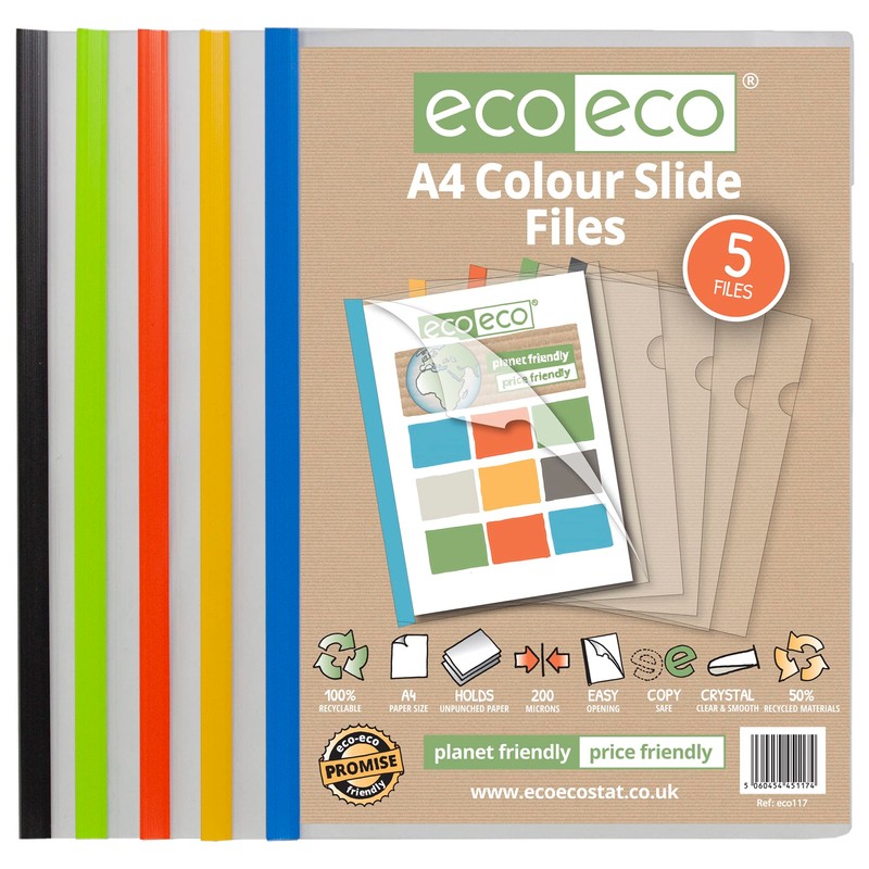 eco-eco A4 50% Recycled Bag 5 Easy Slide Files, Coloured