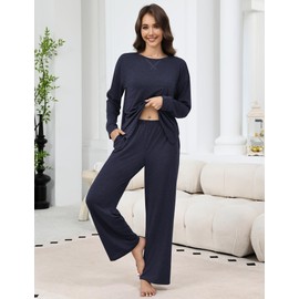 Ekouaer Women's Pyjamas Long Side Slit Two Piece Travel Airport Outfits Wide Leg Tracksuit Baggy Loungewear Comfy Leisure Suit S-XXL, navy, L