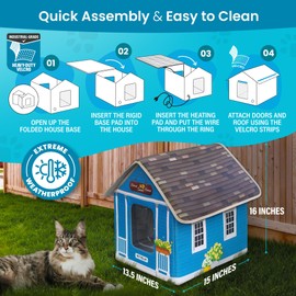 Deluxe Heated Cat House for Winter - Weatherproof, Insulated, Easy Assembly, Cat Heating Pad, Dual Escape Doors, Outdoor & Indoor Cat House - Blue Tiles Pethouse