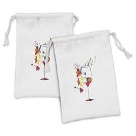 Ambesonne Winery Fabric Pouch Set of 2, Wine Glass with Colorful Imaginary Growing Leaves Aroma Sommelier Relax Joy, Small Drawstring Bag for Toiletries Masks and Favors, 9" x 6", Multicolor