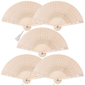 Pack of 5 Bamboo Hand Fans, Chinese Hand Fans, Decorative Fans, Wooden Handheld Folding Fans, Small Wooden Fans, Natural Folding Fans with Tassels, Folding Fans, Bridal Fans for Wedding Guests
