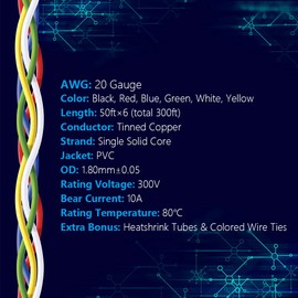 Fermerry 20 AWG Solid-Core Wire Kit, PVC-Coated, 6 Colours/15 m Each Spool, 20 Gauge, Tinned Copper Jumper Wire, Hook-up Wires