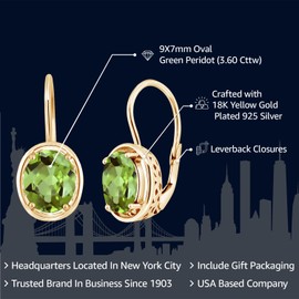 Gem Stone King 3.6 Cttw Aretes de Plata 925 Chapada En Oro Amarillo Peridoto Verde Natural