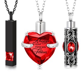 3 Piezas Collar de Urna de Cremación para Cenizas Circón Barra Vertical, Collar de Urna de Cremación de Cristal de Corazón Collar de Urna de Acero Inoxidable Impermeable (Circón Rojo)