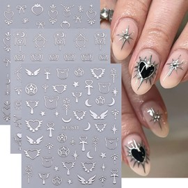 6 Sheets Gold & Silver Nail Art Sticker 3D Self-Adhesive Retro Totem Wings Stars Moon Design Nail Art Decals Love Pendant Nail Art Sticker for Women Acrylic Nails Decoration Manicure Supplies