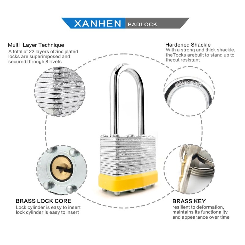 XanHen Keyed Alike Laminated Steel Padlocks with Long Shackle for