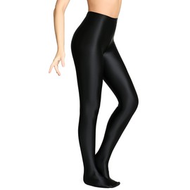 SOFSOT Opaque Shiny Tights Plus Size Wet Look Foot Shiny Tights Pilates Yoga Pants High Waist, black