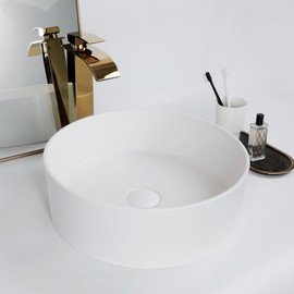 Focitland 13 Inch Stone Resin Bathroom Sink with Pop-Up Drain Combo,Round Vessel Sink Above Counter Modern Bathroom Vessel Sink Bowl (White)