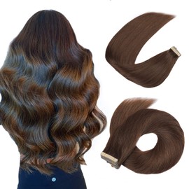 Hotlulana Tape Extensions Real Hair Chestnut Brown 100% Natural Real Hair Extensions Tape Remy Hair Extension Tape in Seamless Straight Skin Weft Extensions Real Hair 35 cm 20 Pieces 40 g