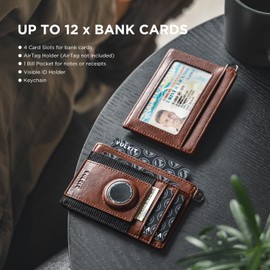 VULKIT Schlanke AirTag-Geldbörse mit AirTag-Halter, Leder-RFID-blockierende Geldbörse Kartenhalter minimalistische Airtag-Smart-Geldbörse mit Schlüsselanhänger