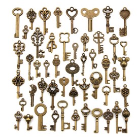 50pcs Small Keys, Vintage Skeleton Keys Charms, DIY Accessories Necklace Pendant Jewellery Making for Wedding Birthday Decoration, Alloy Steel