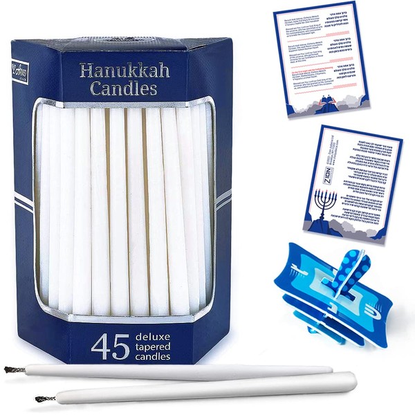 Aviv Judaica Premium Dripless Hanukkah Candle Bundle of 45 Solid White Tapered Candles for Standard Chanukah Menorahs Birthday Party Celebration Candles for 8 Nights of Hanukah W/DIY Dreidel, Prayer