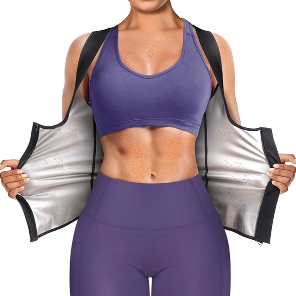 Junlan Women's Zip-Up Sweat Vest Slimming Corset for Fitness Flat Stomach Slimming Sauna Tank Top, Black