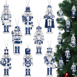 32 Pieces Chinoiserie Ornaments Blue and White Porcelain Pattern Christmas Cat Wooden Ornaments Teapot Ornament Blue Nutcracker Christmas Ornaments Tea Ornament Christmas Hanging Pendant (Nutcracker)