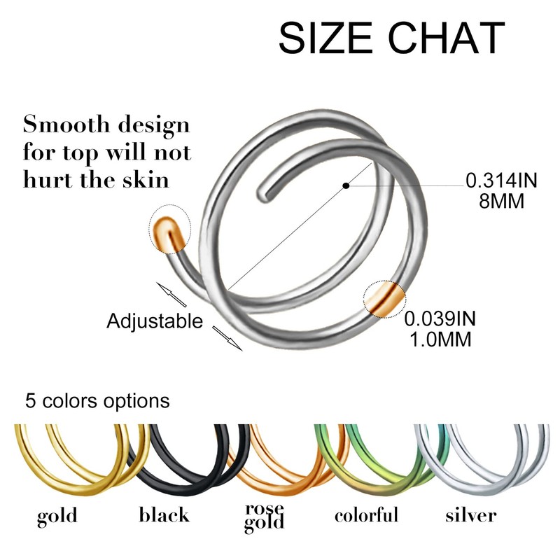 Tanreeqee Double Nose Rings - Spiral Hoops, Hypoallergenic Stainless Steel