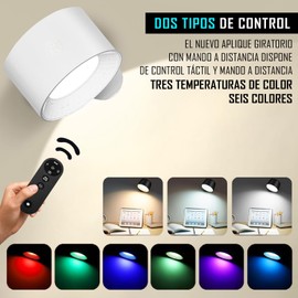 Aplique LED con colores RGB，lampara de pared inalambrica，Luces de Lectura LED Montadas en La pared，Con Control Táctil y Remoto，con 9 colores RGB y 3 temperaturas de color y 3 niveles de brillo